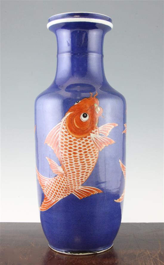 A large Chinese powder blue and iron red rouleau vase, late 19th / early 20th century, 46cm, restored